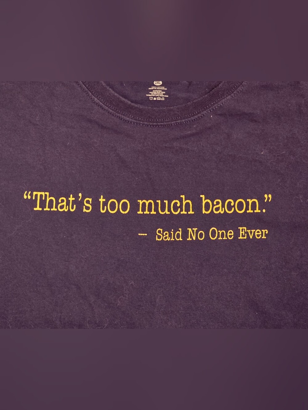 Vintage Y2K Novelty Men's Funny Navy Graphic Tee with Yellow Bacon Quote